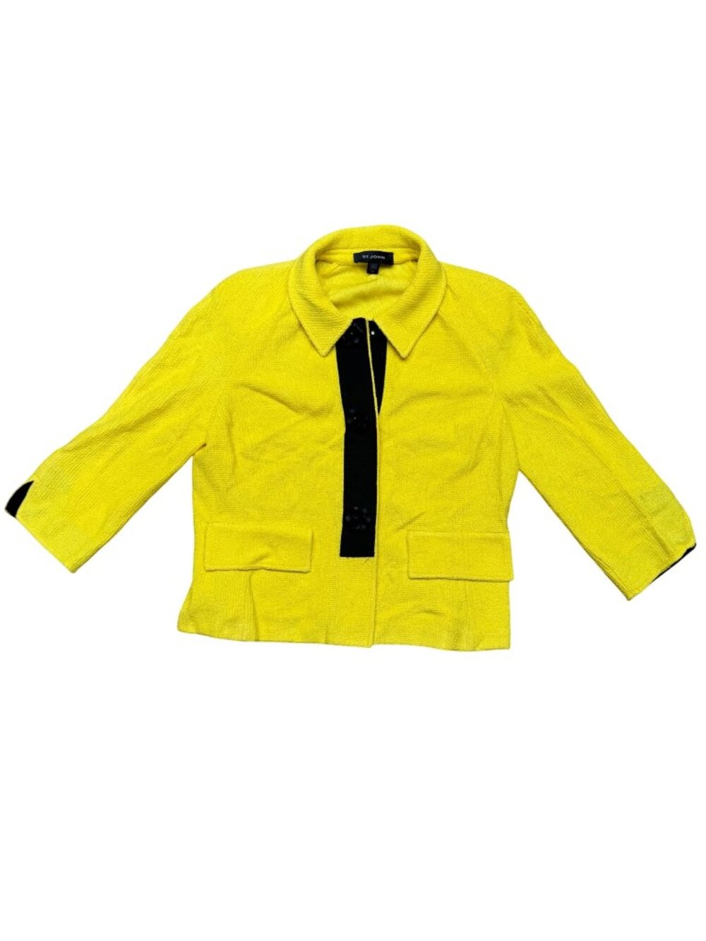 St. John Yellow Knit Jacket Blazer Size 12 3/4 Sleeve Black Trim Button USA READ